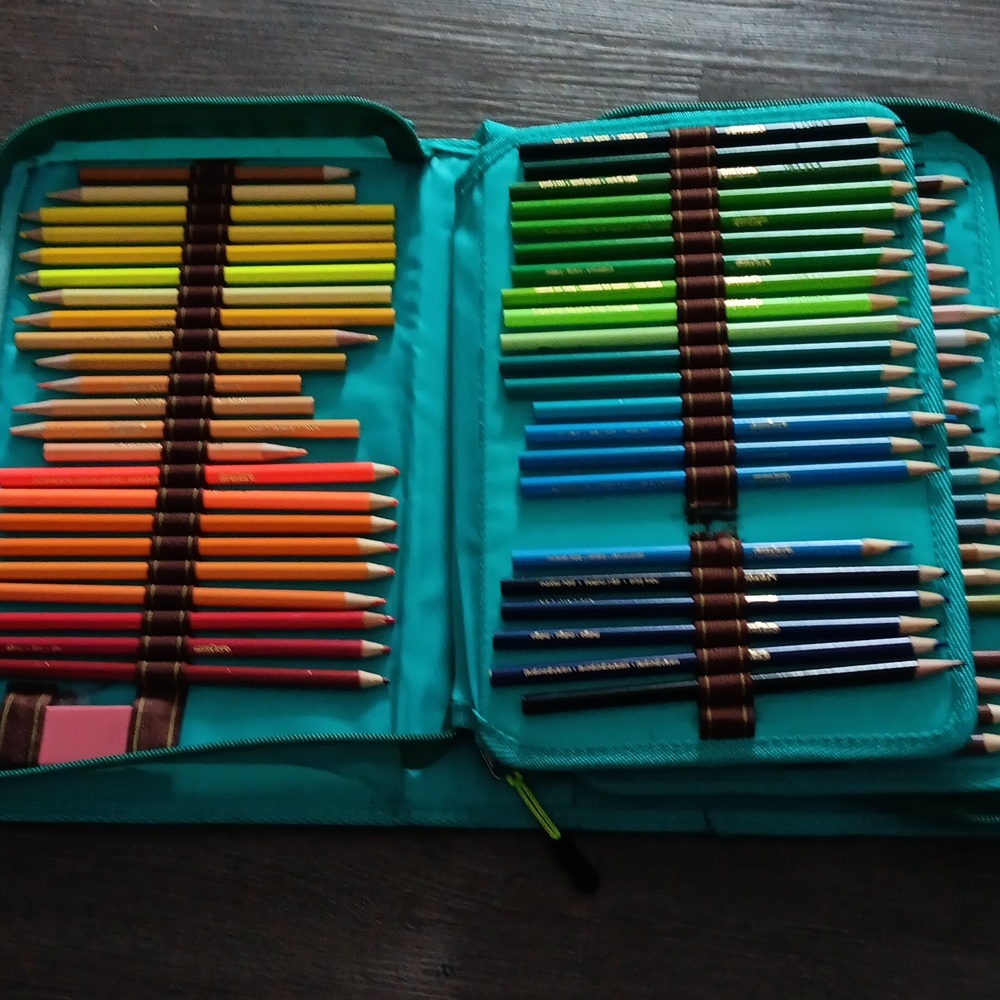 Turquoise Pencil Case with Full Set of Used Colored Pencils
